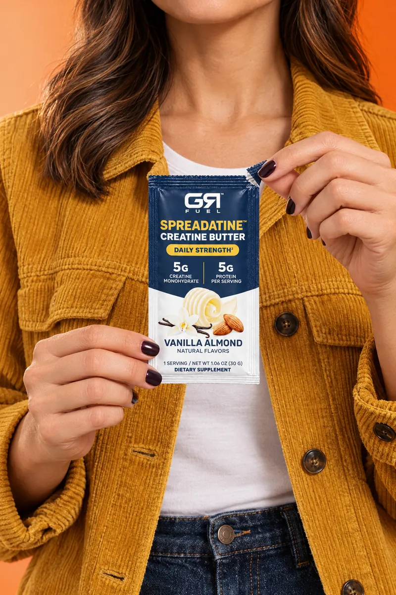 A woman in a mustard jacket holding up a Spreadatine packet
