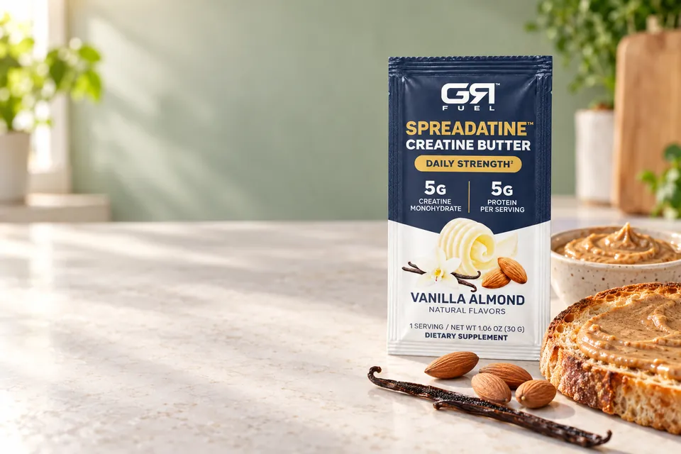 A Spreadatine packet on a kitchen counter with toast and almonds