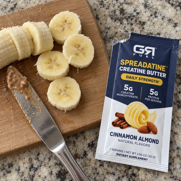 Banana slices on a cutting board beside an open Cinnamon Almond packet