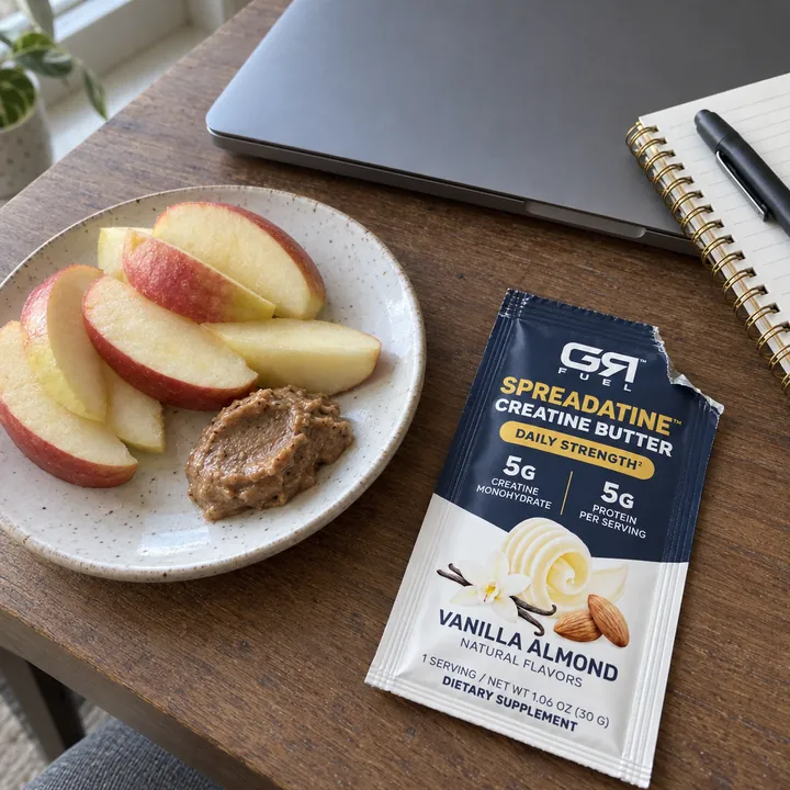 Apple slices with almond butter on a desk beside an open packet