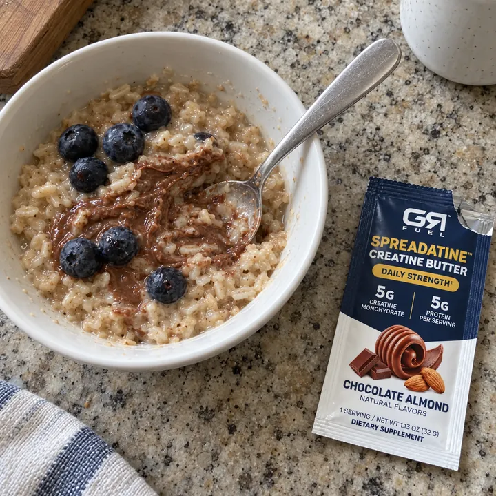 A bowl of oatmeal with chocolate almond butter and blueberries beside an open packet