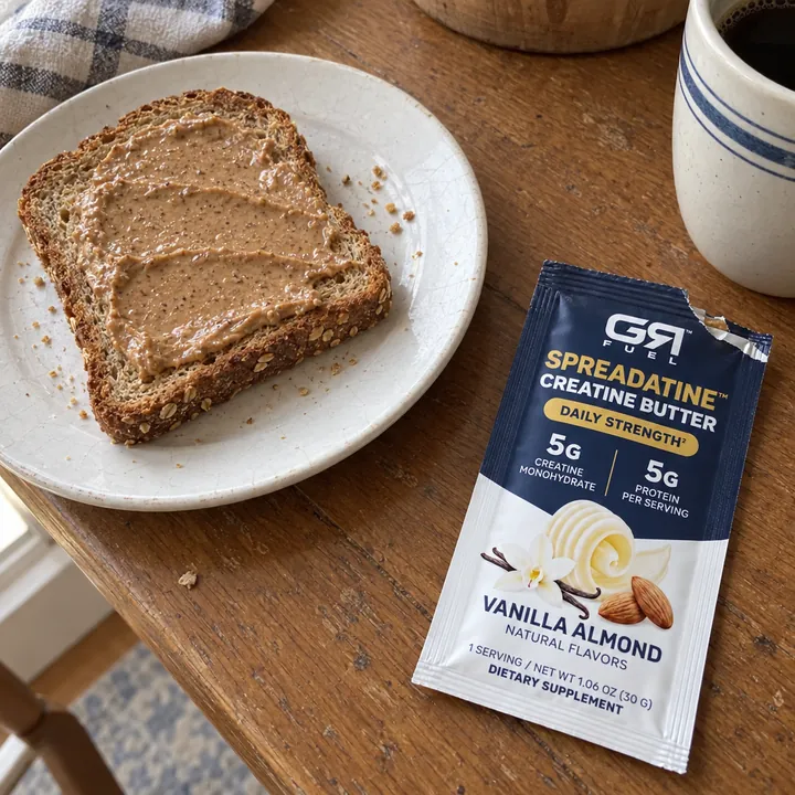 A slice of toast with almond butter beside an open Spreadatine packet and a mug of coffee