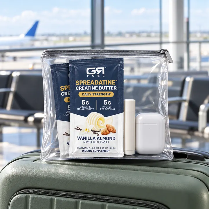 Two Spreadatine packets in a clear travel pouch on a suitcase