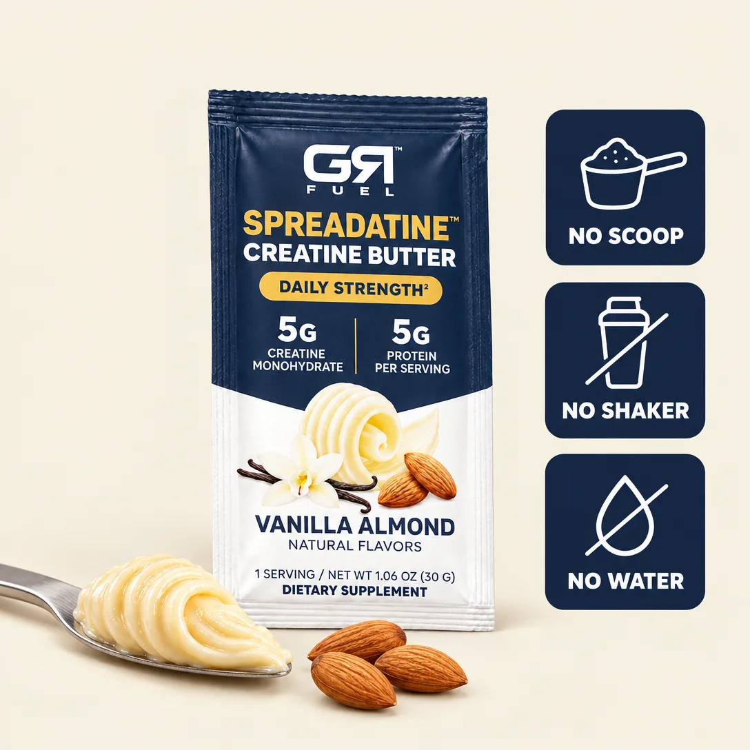 A Spreadatine packet beside three tiles: no scoop, no shaker, no water