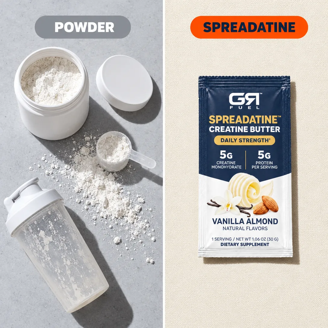 A tub of powder, a scoop and a shaker beside one Spreadatine packet