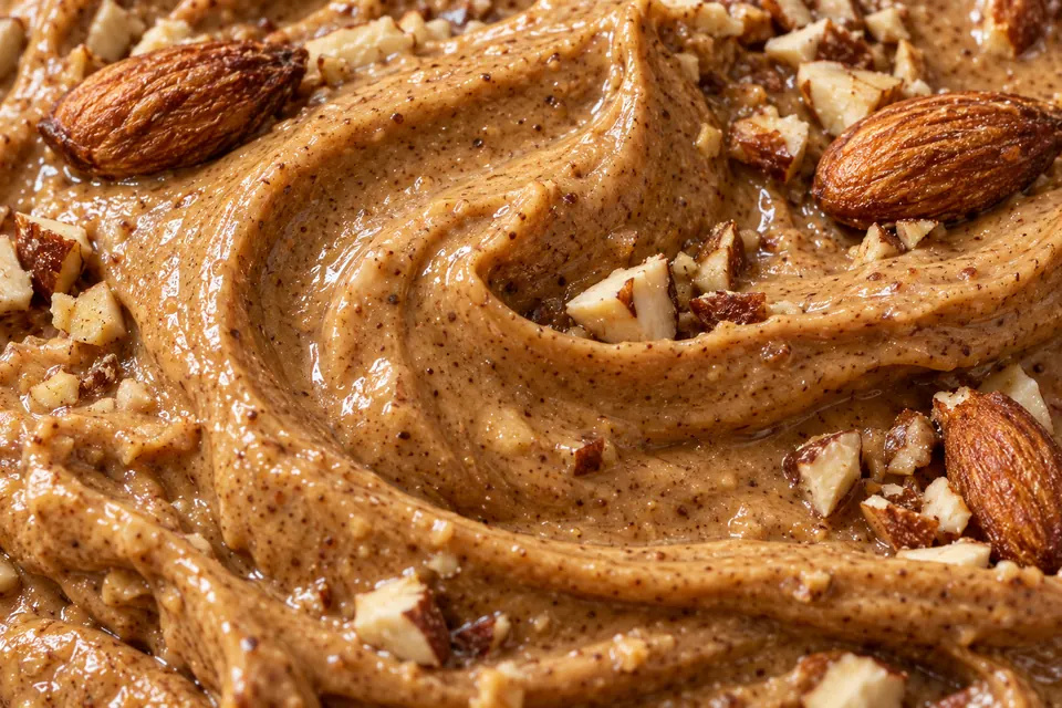 A close-up of roasted almond butter with almonds