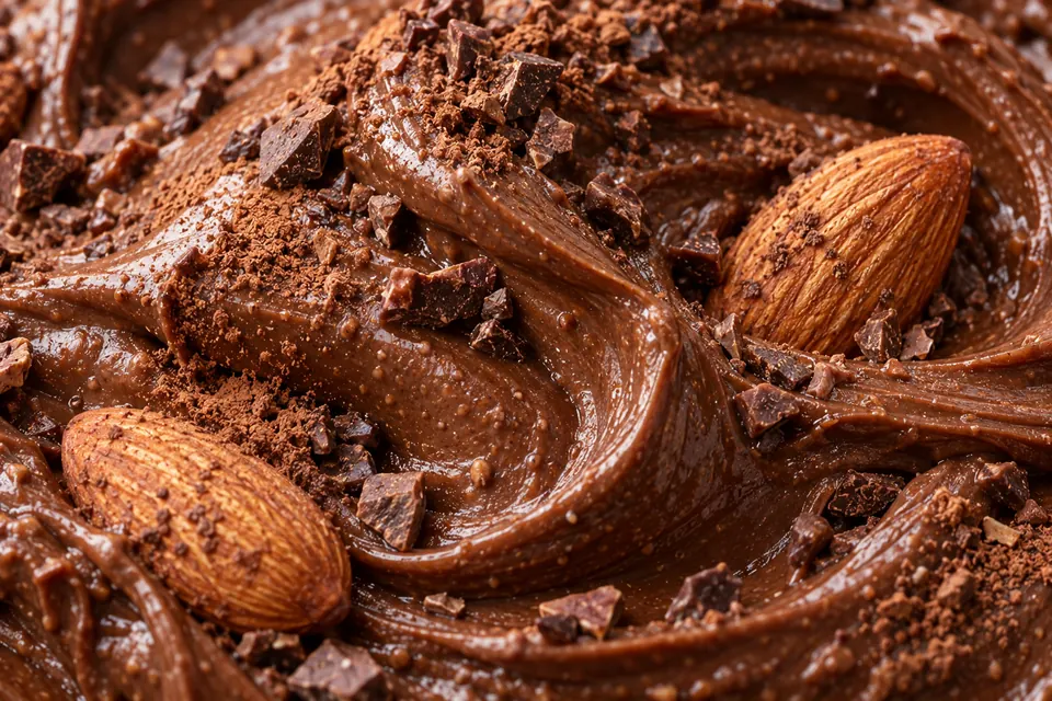 A close-up of chocolate almond butter with cocoa and almonds